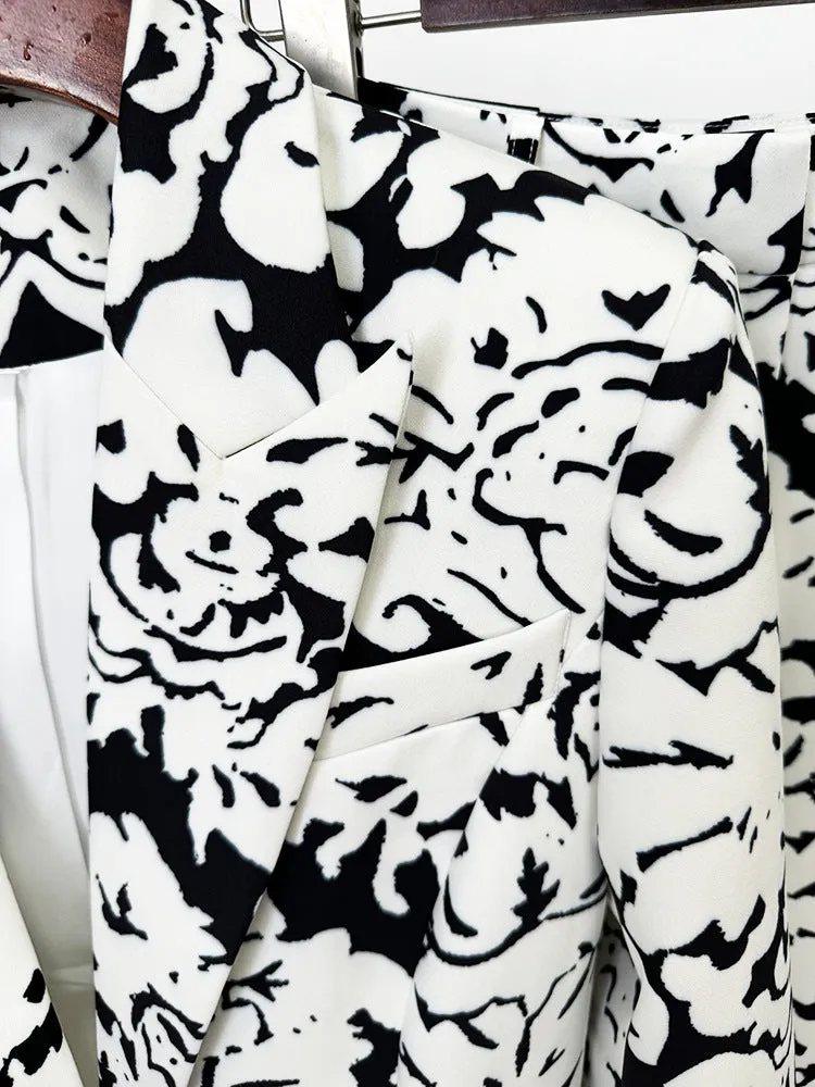 Black White Abstract Print Blazer   Straight Trousers Suit