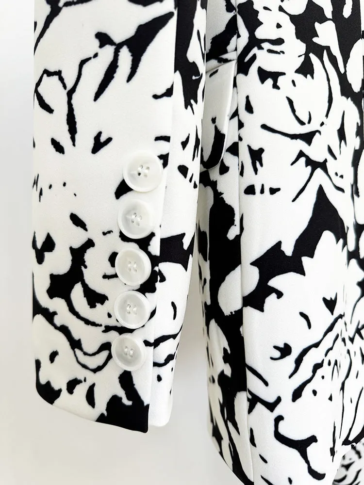 Black White Abstract Print Blazer   Straight Trousers Suit