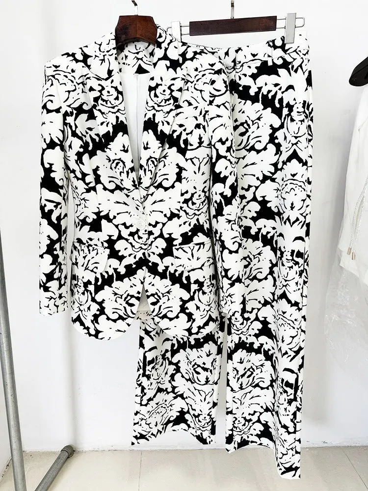 Black White Abstract Print Blazer   Straight Trousers Suit