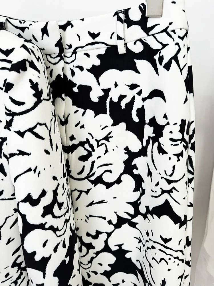 Black White Abstract Print Blazer   Straight Trousers Suit