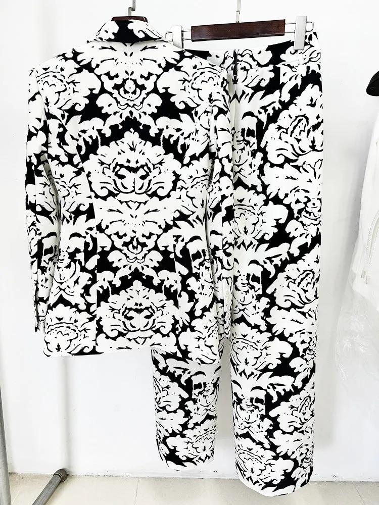 Black White Abstract Print Blazer   Straight Trousers Suit