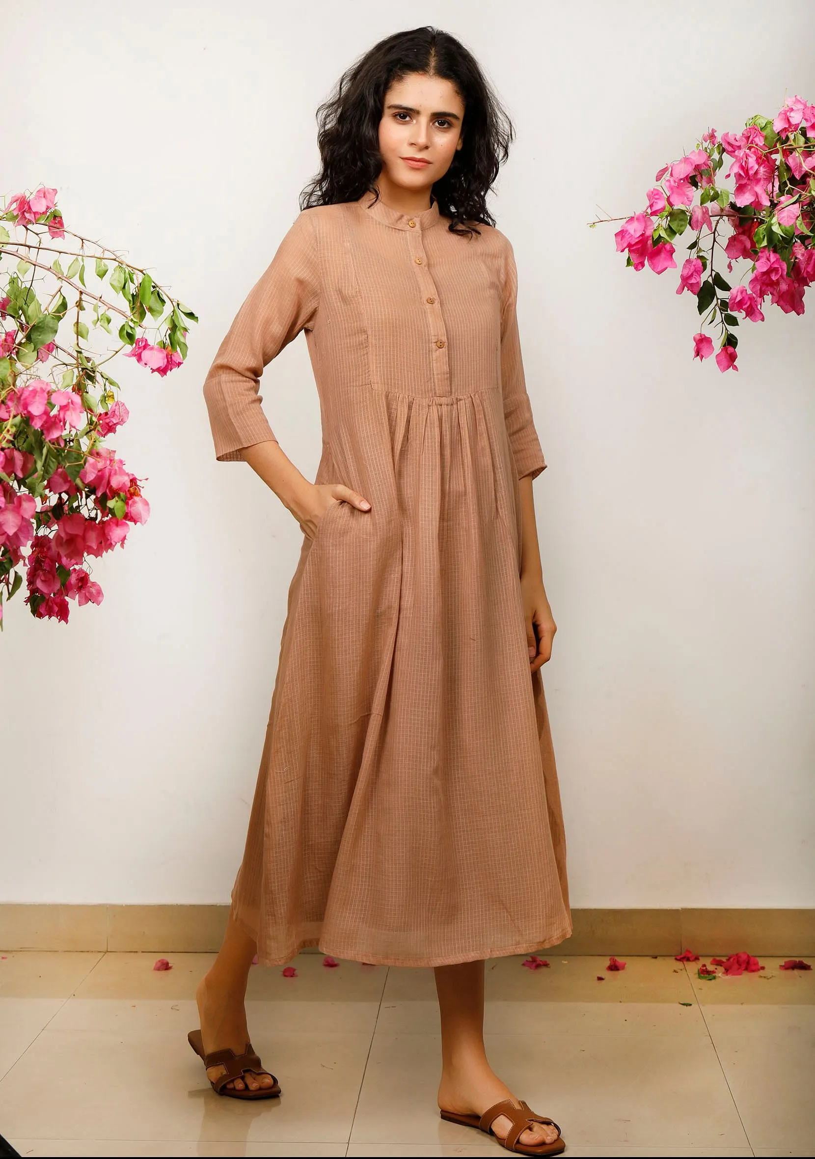 Brown Kota Gathered and flared dress