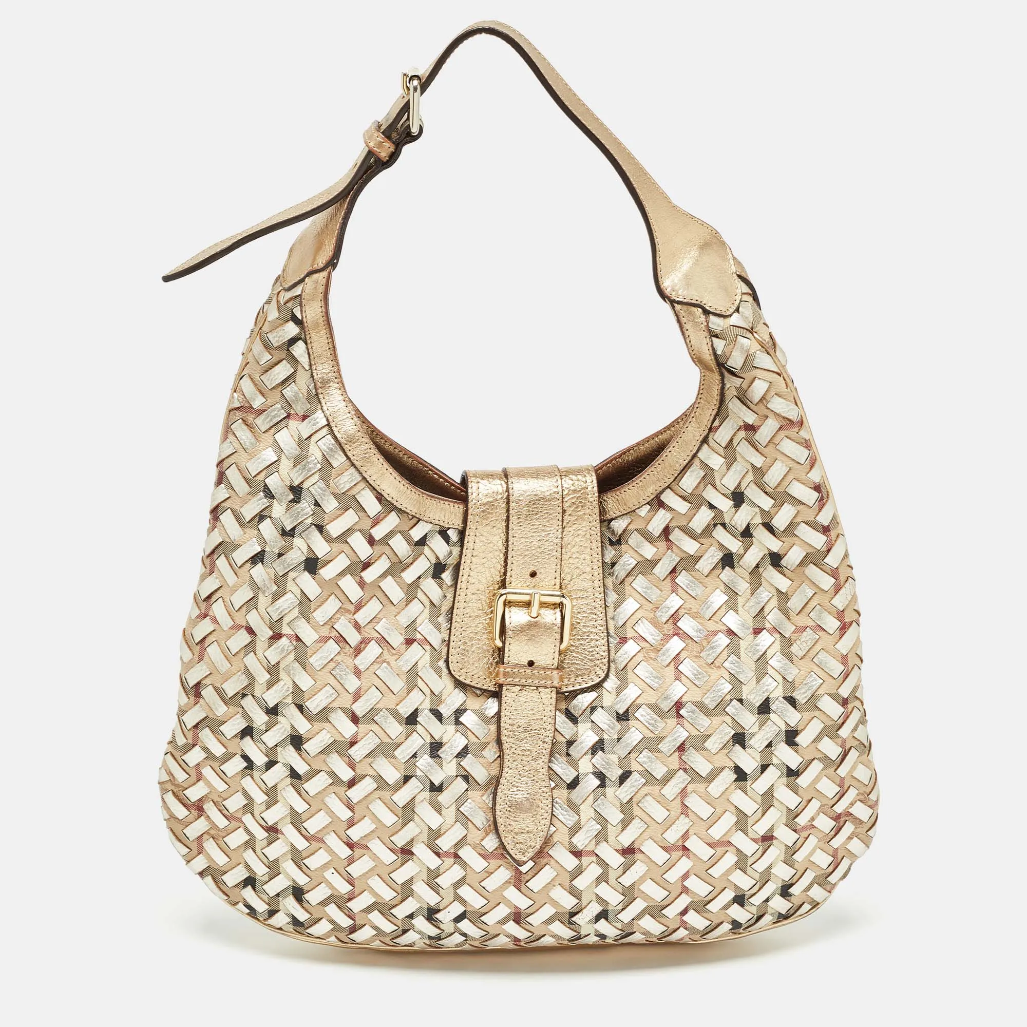 BURBERRY Gold/Beige Haymarket Check PVC and Leather Woven Brooke Hobo