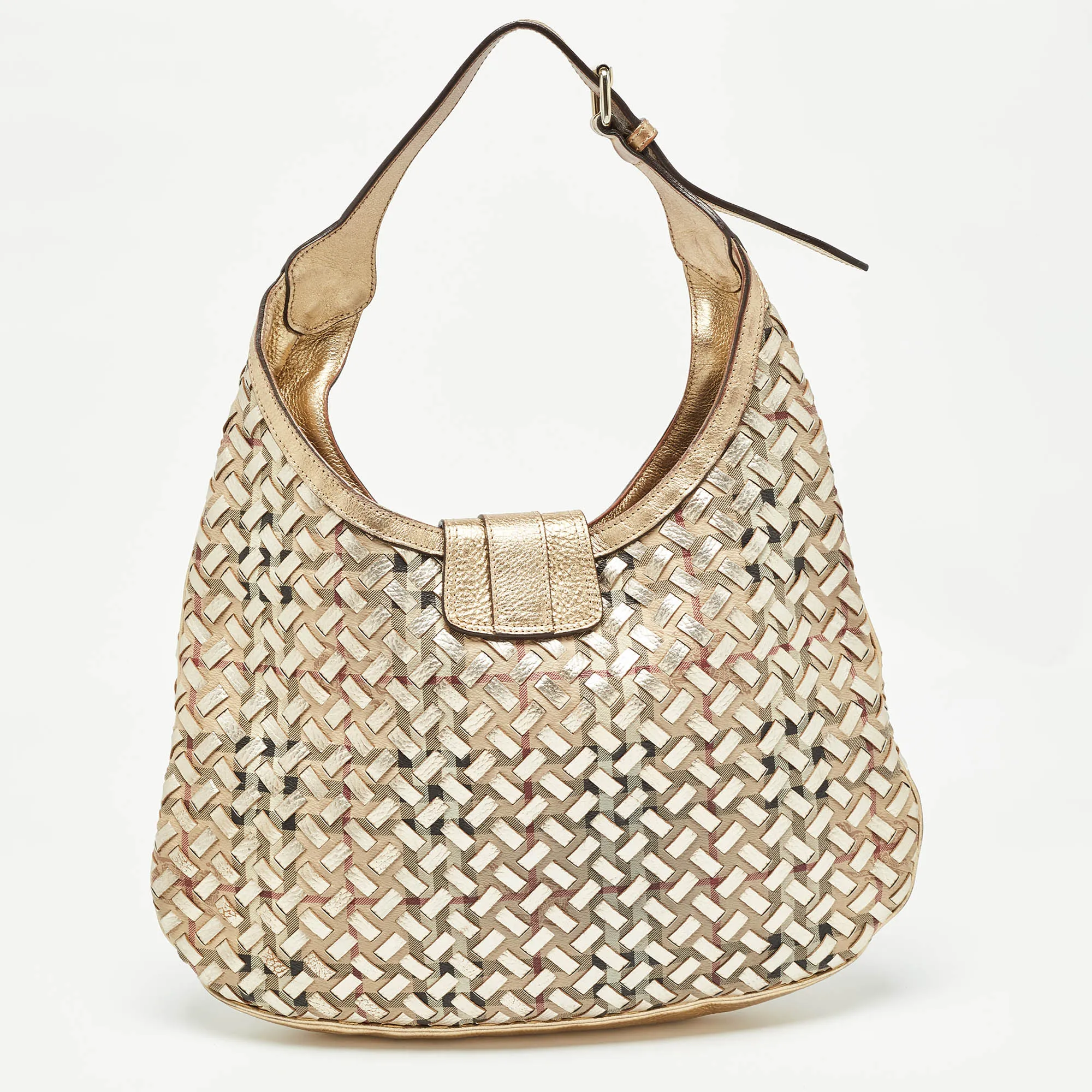 BURBERRY Gold/Beige Haymarket Check PVC and Leather Woven Brooke Hobo