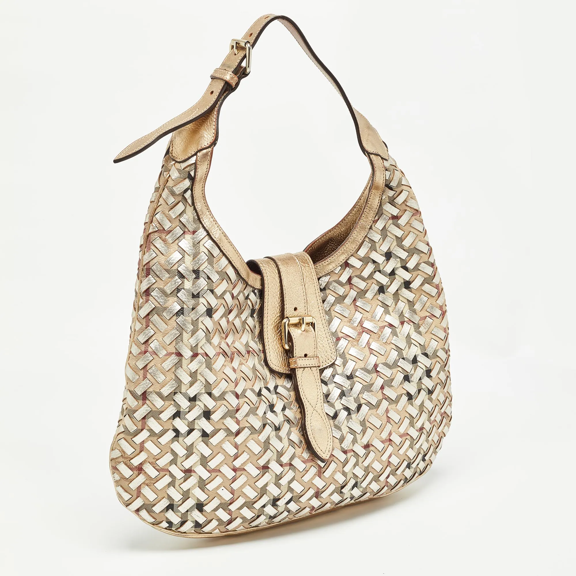 BURBERRY Gold/Beige Haymarket Check PVC and Leather Woven Brooke Hobo