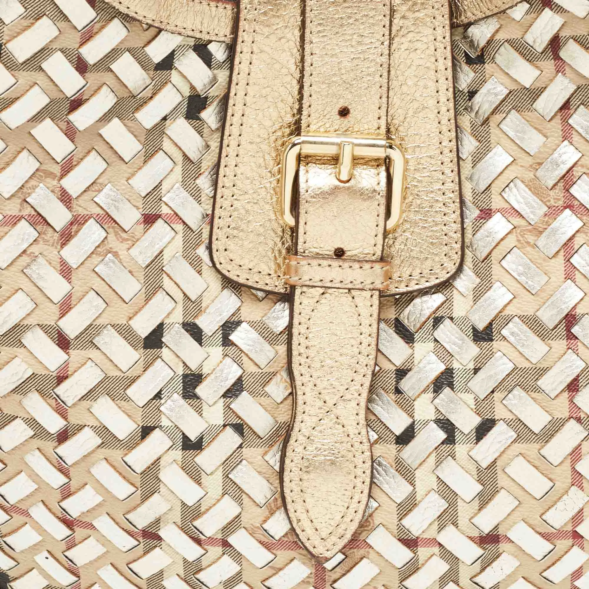 BURBERRY Gold/Beige Haymarket Check PVC and Leather Woven Brooke Hobo