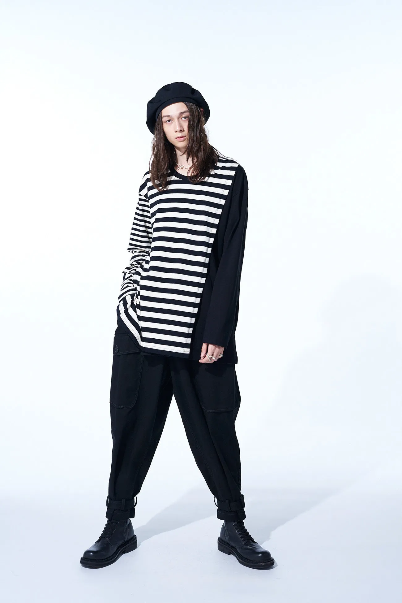 COTTON JERSEY FUSED STRIPE LAYERED LONG-SLEEVED T-SHIRT