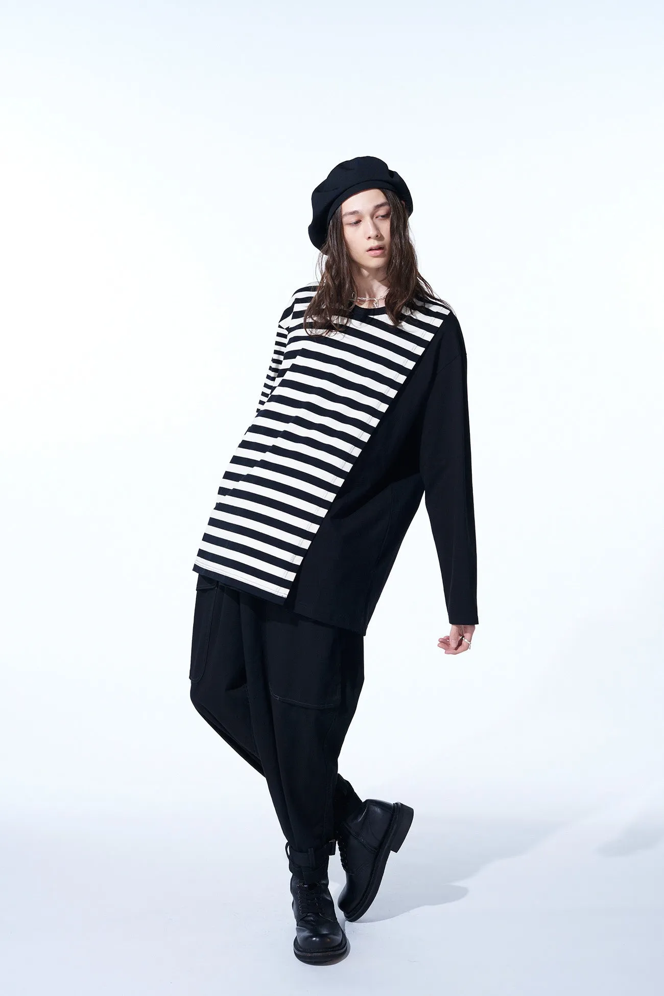 COTTON JERSEY FUSED STRIPE LAYERED LONG-SLEEVED T-SHIRT