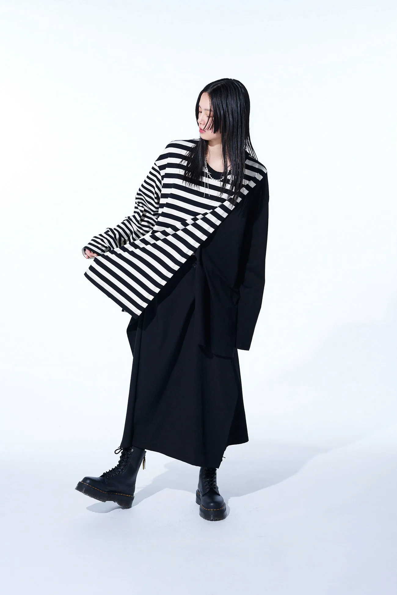 COTTON JERSEY FUSED STRIPE LAYERED LONG-SLEEVED T-SHIRT