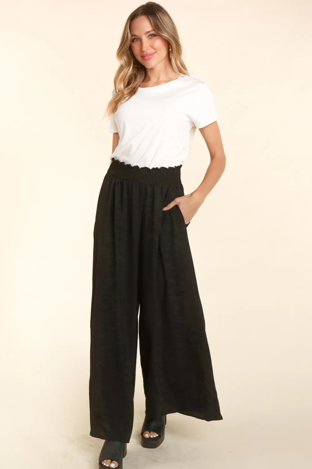 Elastic Waist Wide Leg Pants with Pockets