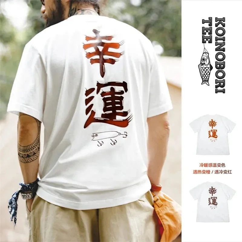 Japanese Vintage Carp Flag Text Printing Short Sleeve Cotton T-shirt