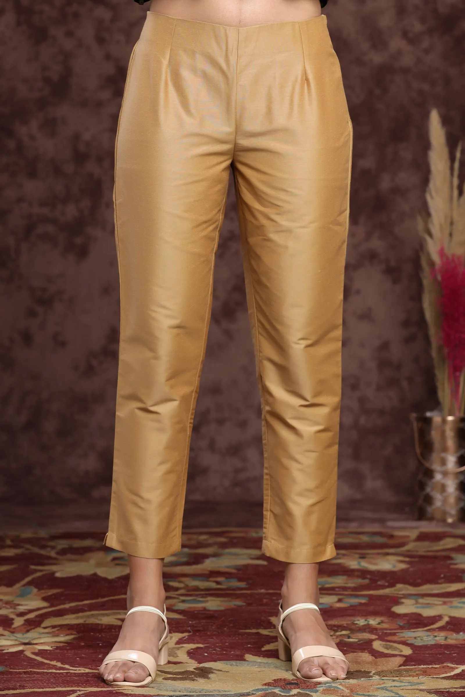 Jashvi Gold Solid Poly Silk Slim Fit Pants With Zip Closure