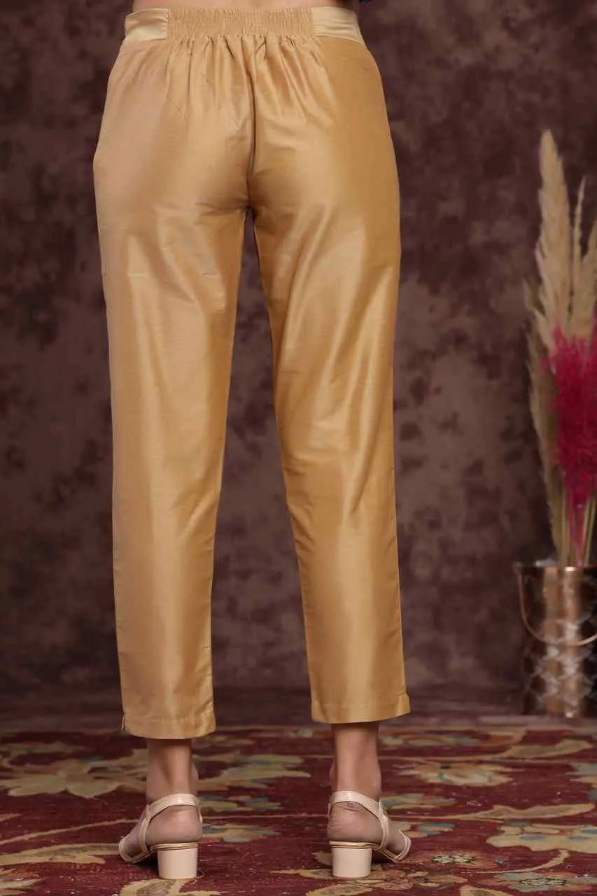 Jashvi Gold Solid Poly Silk Slim Fit Pants With Zip Closure