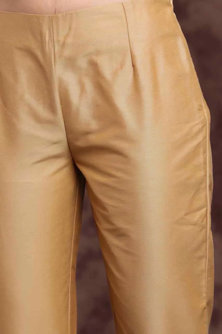 Jashvi Gold Solid Poly Silk Slim Fit Pants With Zip Closure