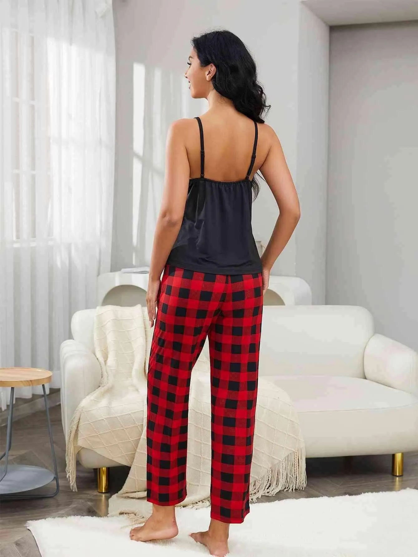 Lace Trim Cami and Plaid Pants Lounge Set