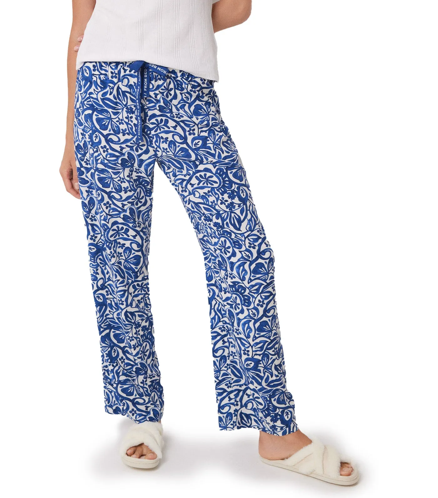 Long Floral Viscose Lounge Trousers Blue