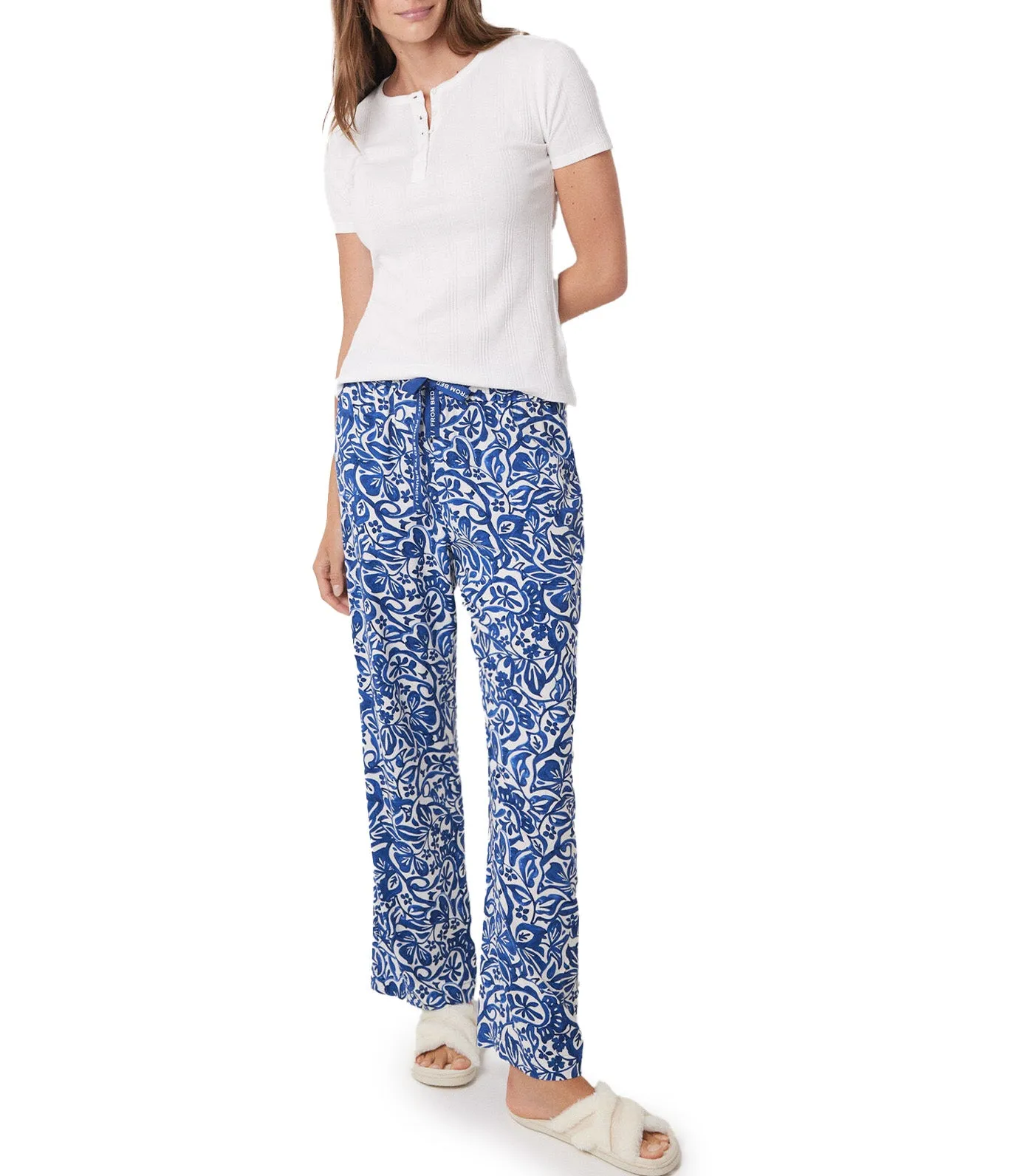 Long Floral Viscose Lounge Trousers Blue