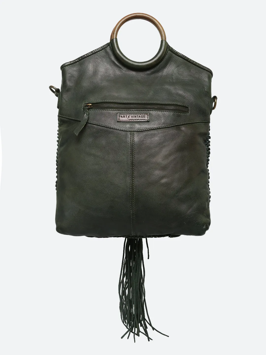 Martinka: Olive Leather Shopper With Wooden Handle With Weaving, Fringes And Metallic Print