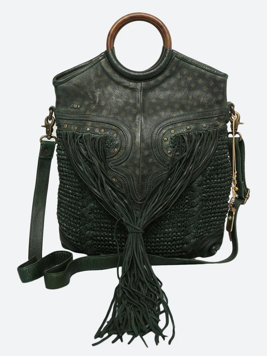 Martinka: Olive Leather Shopper With Wooden Handle With Weaving, Fringes And Metallic Print