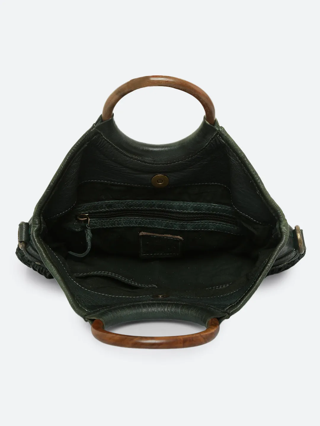 Martinka: Olive Leather Shopper With Wooden Handle With Weaving, Fringes And Metallic Print