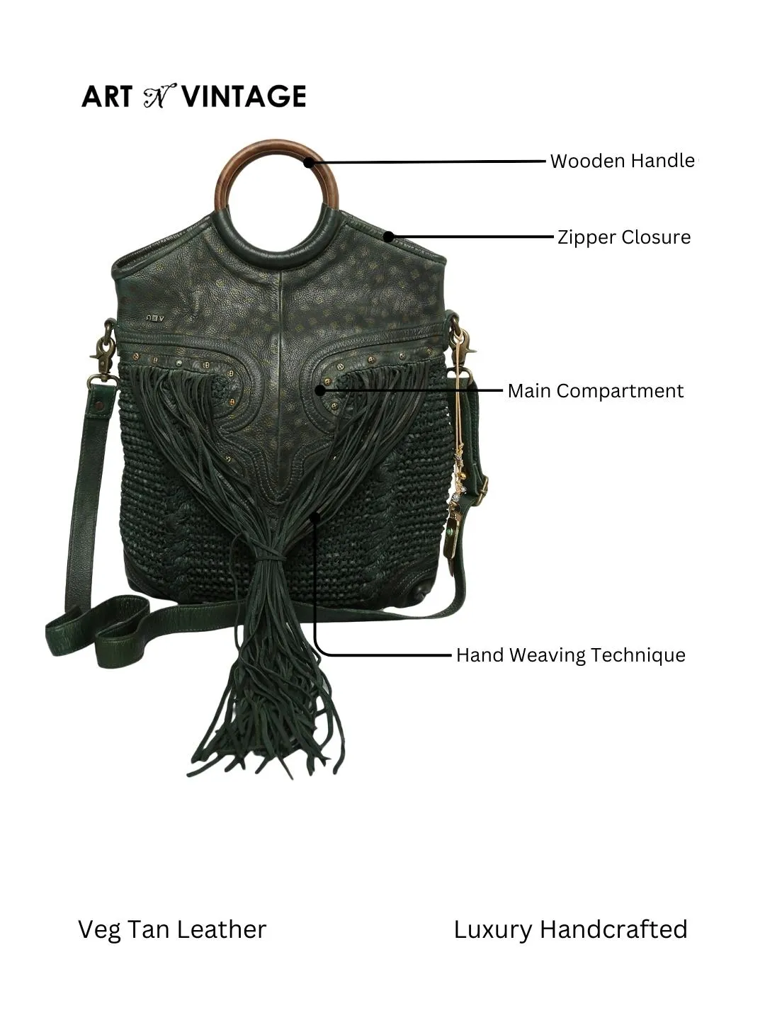 Martinka: Olive Leather Shopper With Wooden Handle With Weaving, Fringes And Metallic Print