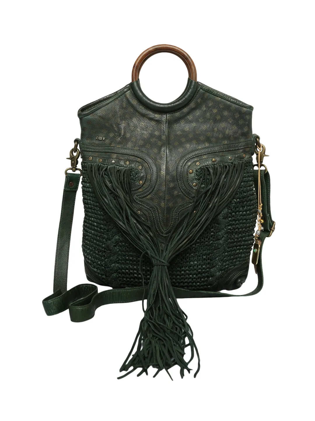 Martinka: Olive Leather Shopper With Wooden Handle With Weaving, Fringes And Metallic Print