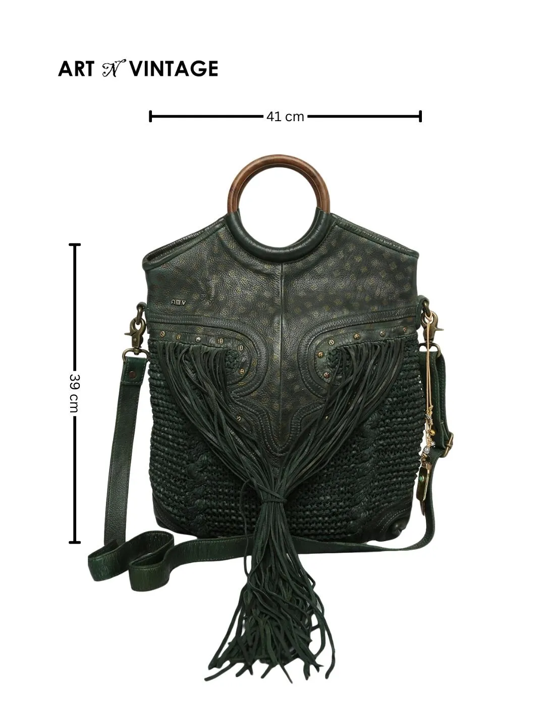 Martinka: Olive Leather Shopper With Wooden Handle With Weaving, Fringes And Metallic Print