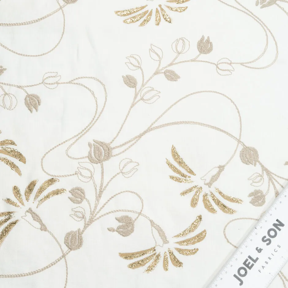 Metallic Floral Embroidered Ivory Pure Linen