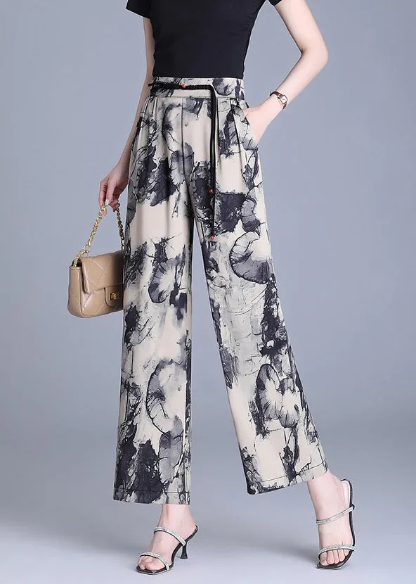 Modern Apricot Tasseled Print Silk Straight Pants Summer OO019