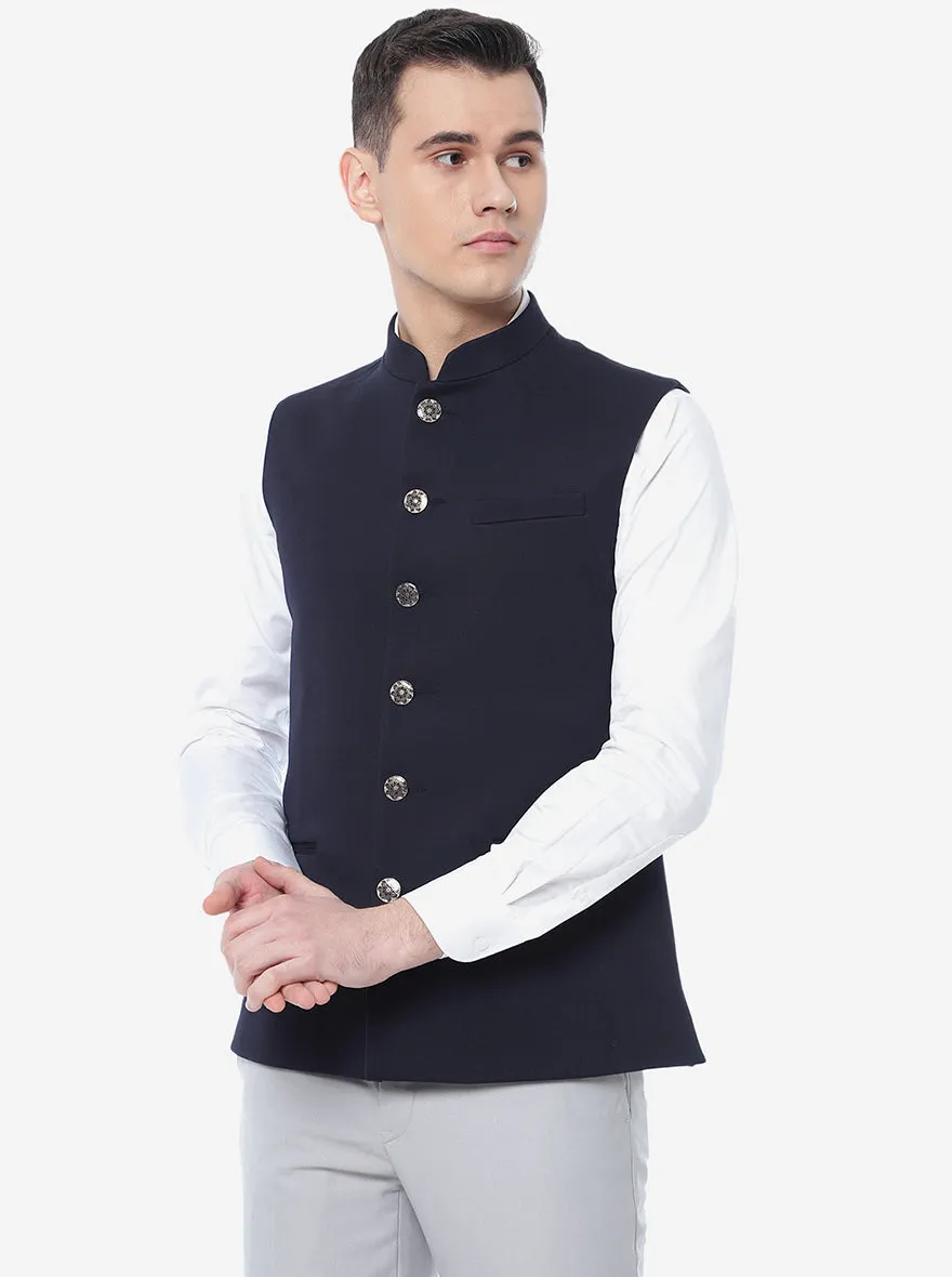 Navy Blue Solid Regular Fit Bandhgala Jacket | Greenfibre