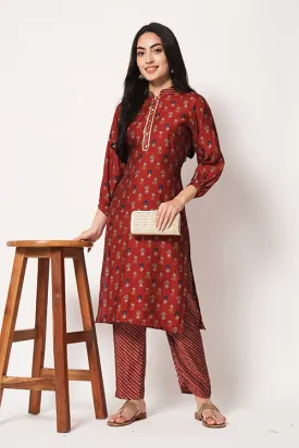 Office Wear Chanderi Silk Stitched Foil Print Kurta Pant Set