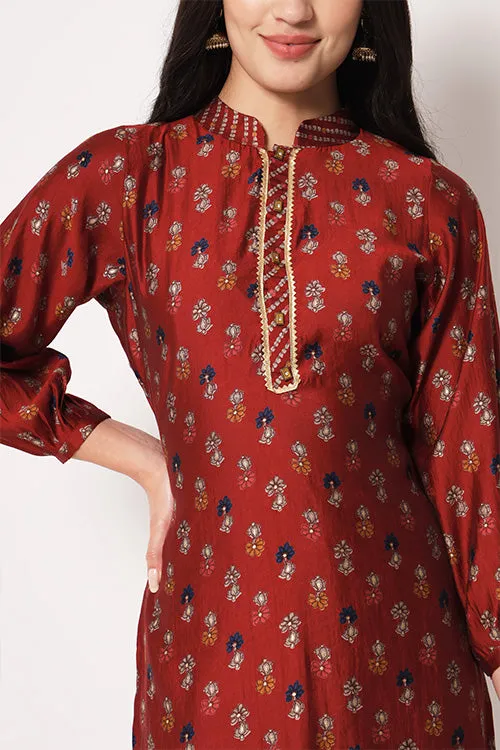 Office Wear Chanderi Silk Stitched Foil Print Kurta Pant Set