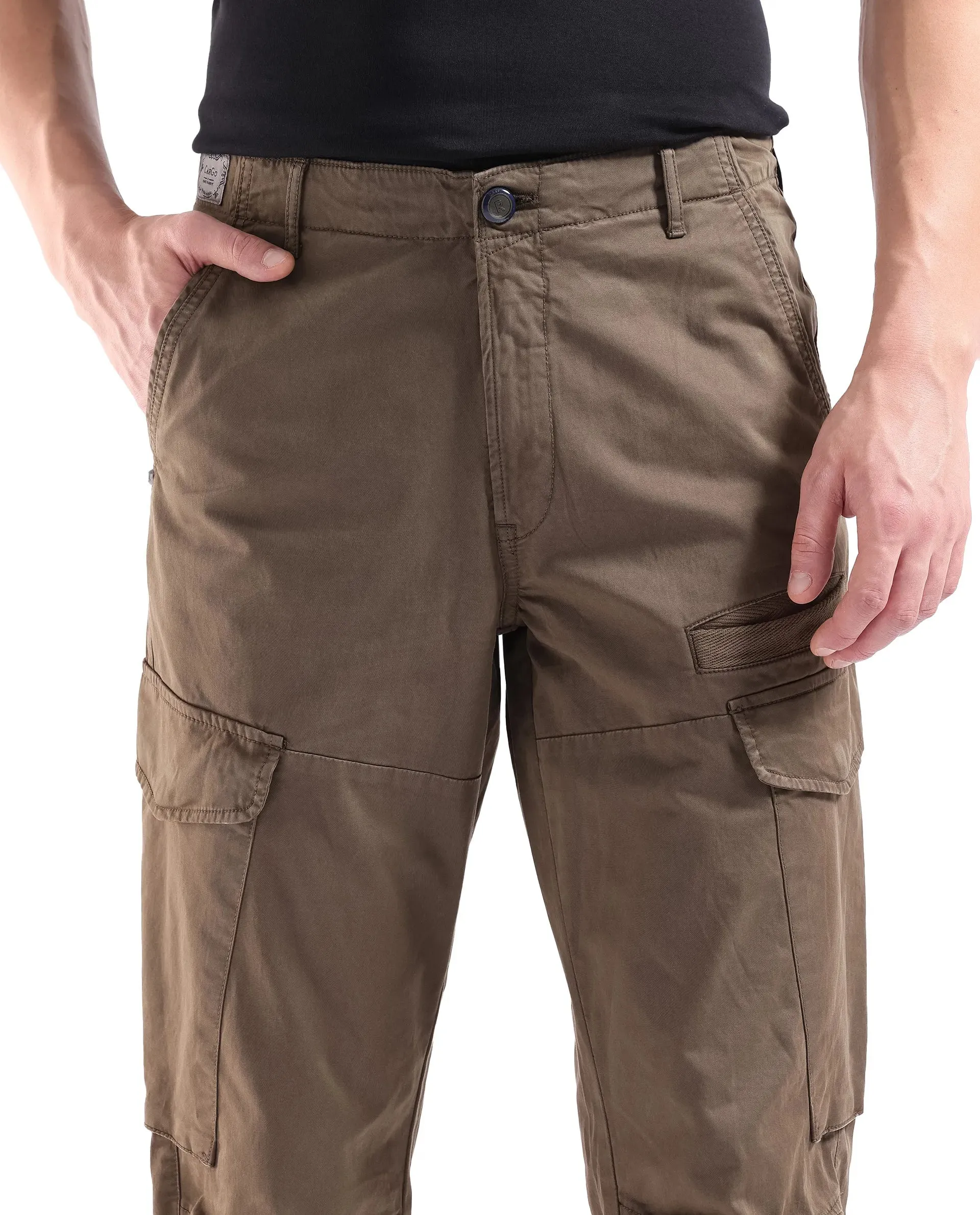 Rare Rabbit Men Ceder-1 Olive Button and Zip Closure Multi-Pocket Plain Cargo Trouser