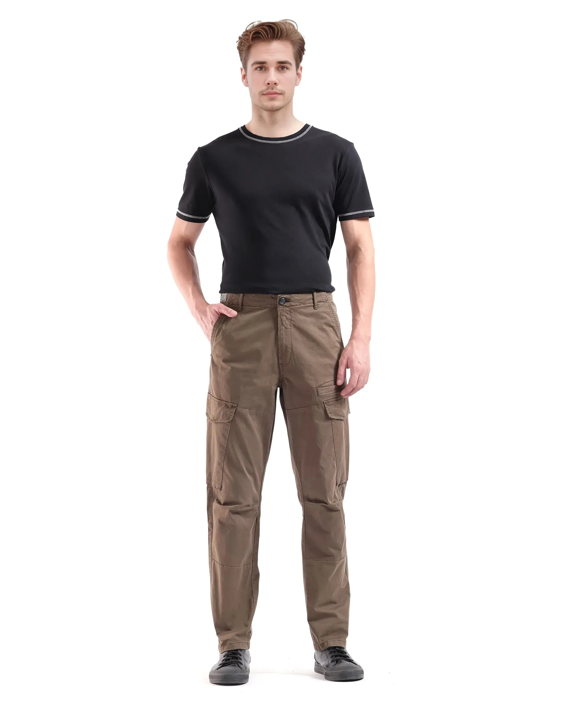 Rare Rabbit Men Ceder-1 Olive Button and Zip Closure Multi-Pocket Plain Cargo Trouser