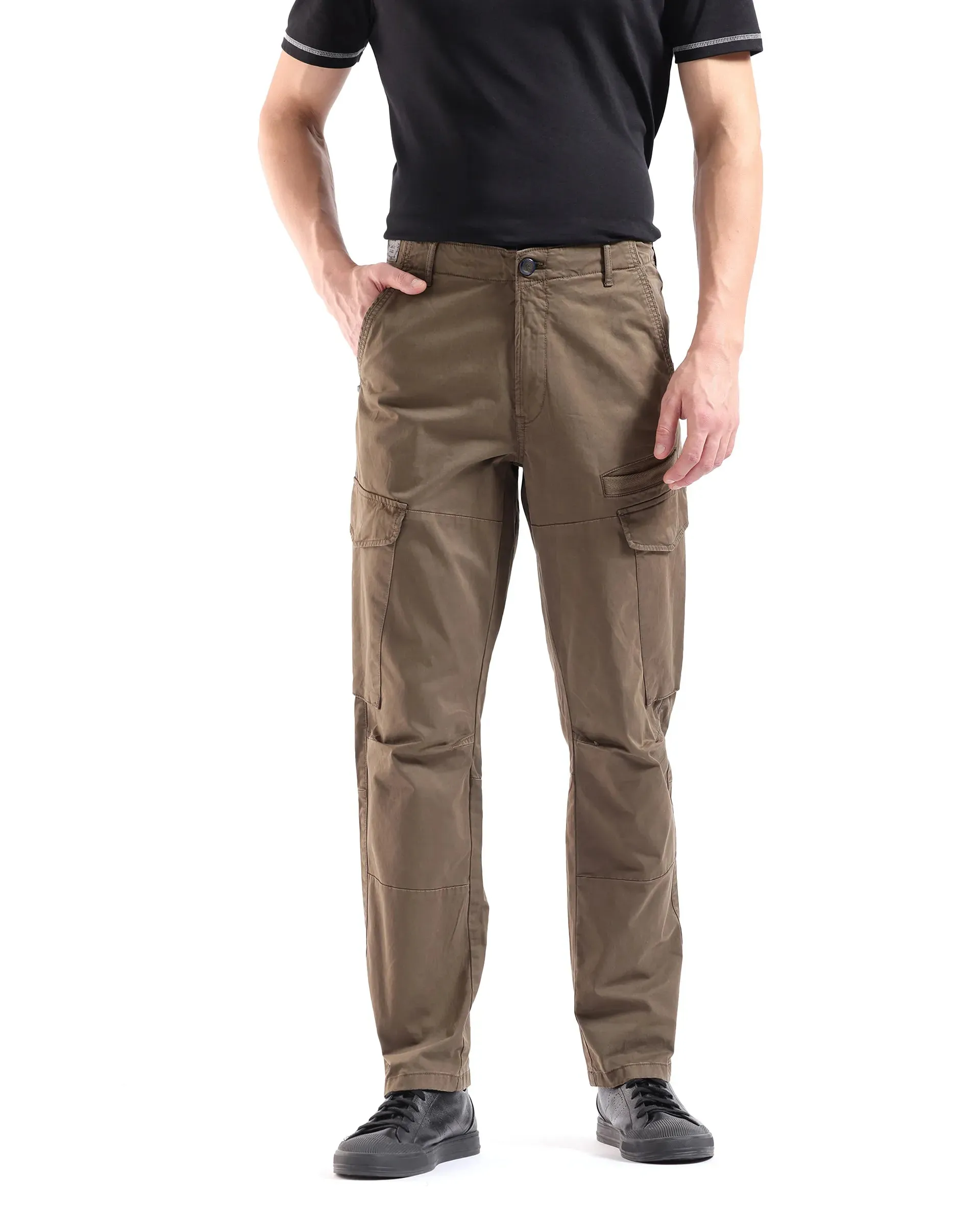 Rare Rabbit Men Ceder-1 Olive Button and Zip Closure Multi-Pocket Plain Cargo Trouser