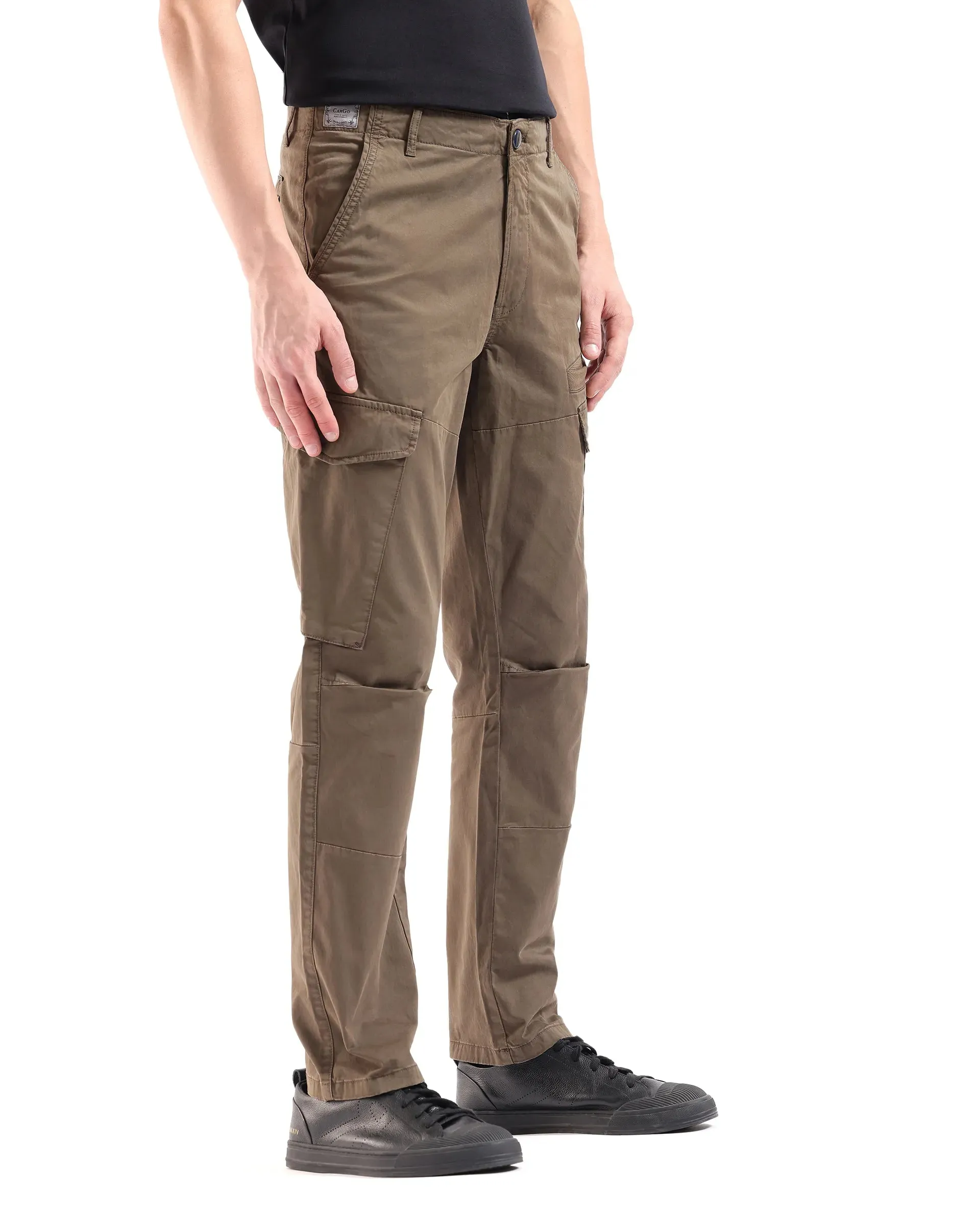 Rare Rabbit Men Ceder-1 Olive Button and Zip Closure Multi-Pocket Plain Cargo Trouser