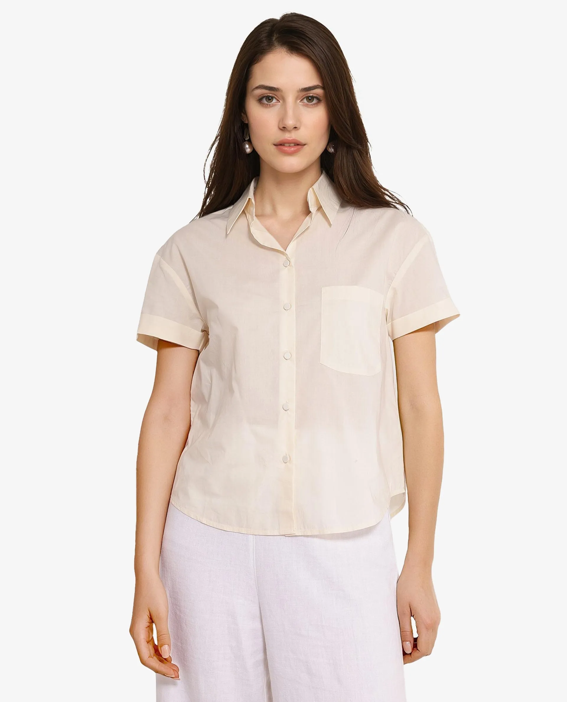 Rareism Women Mium Beige Short Sleeve Collared Collar Button Plain Shirt