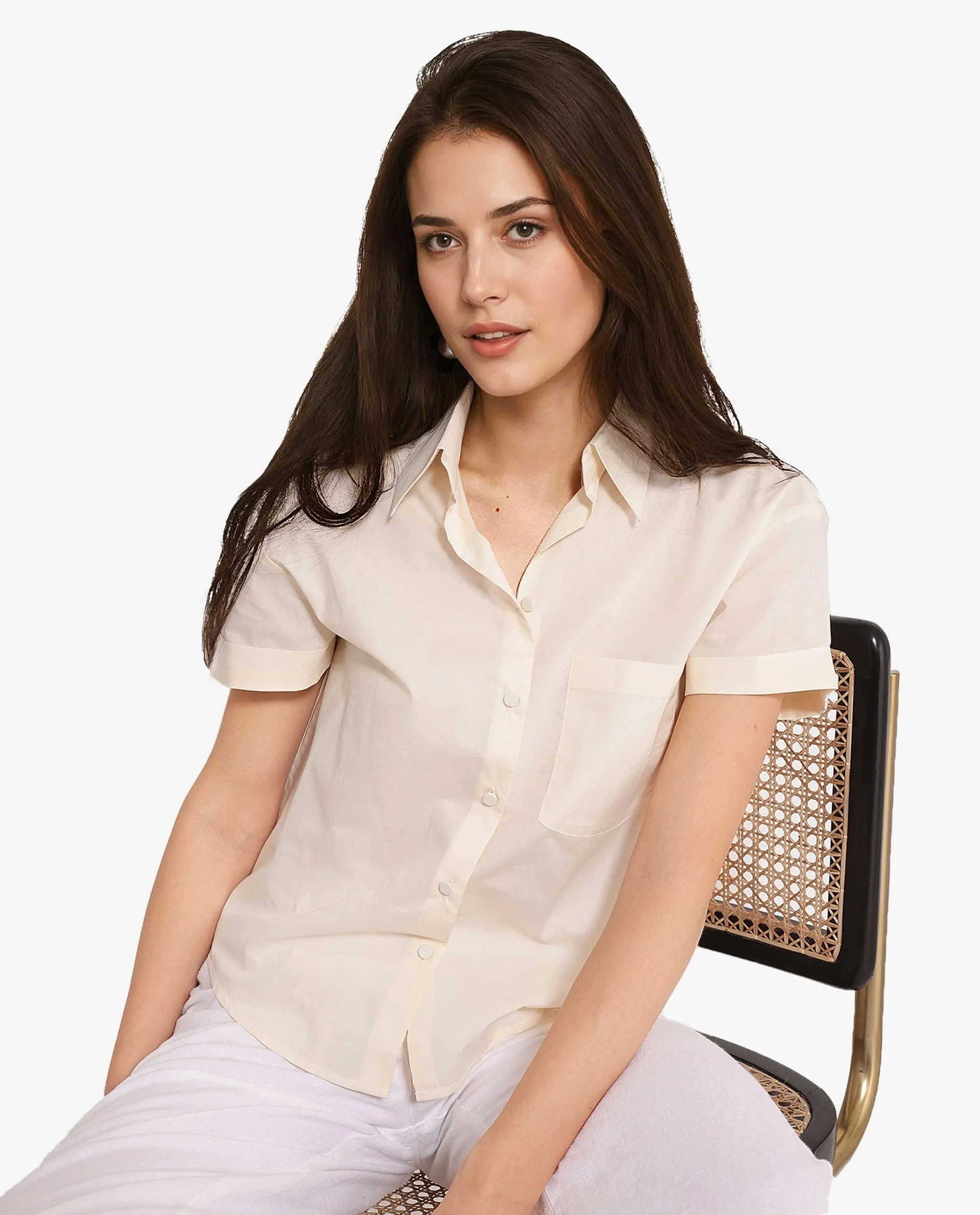 Rareism Women Mium Beige Short Sleeve Collared Collar Button Plain Shirt