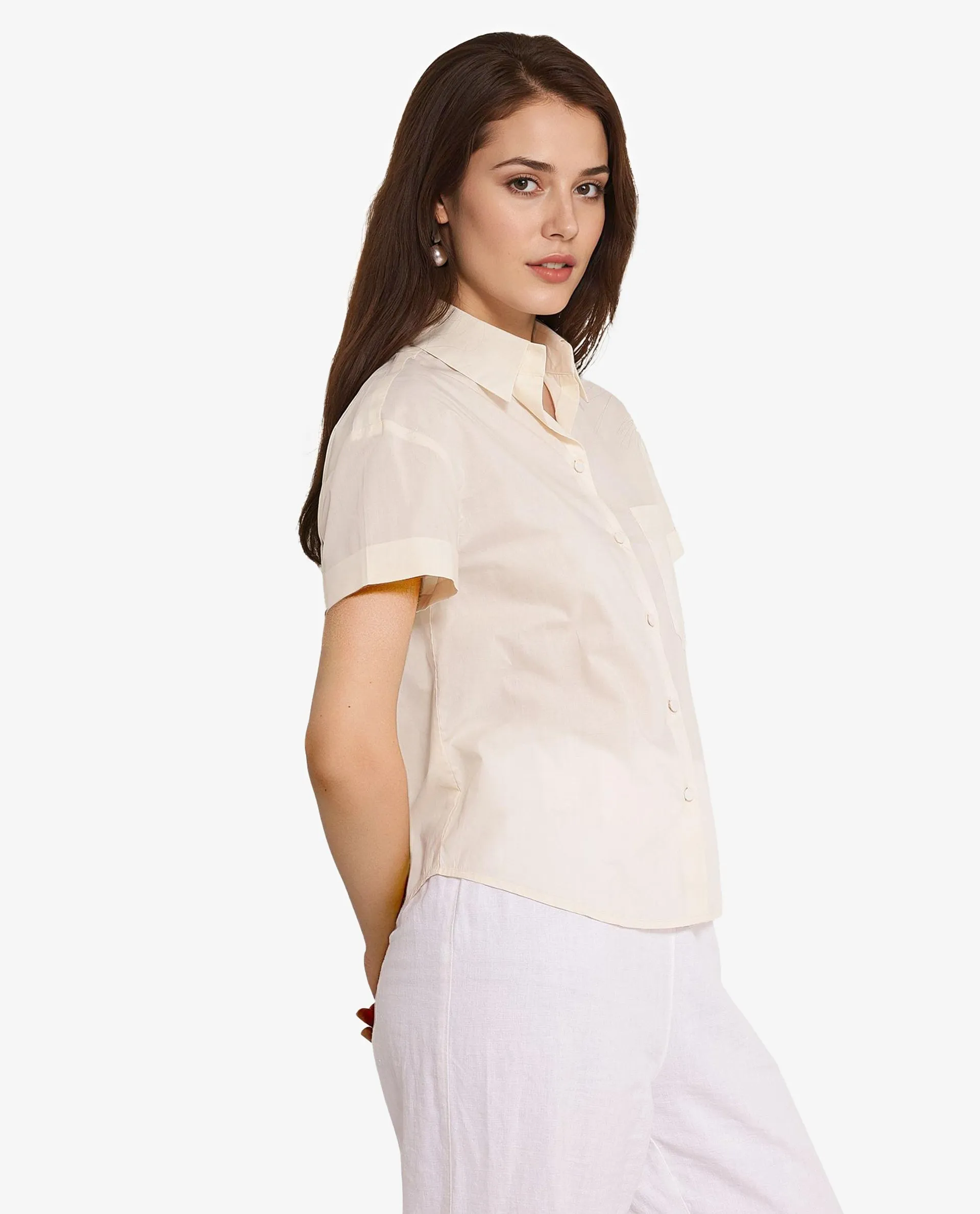 Rareism Women Mium Beige Short Sleeve Collared Collar Button Plain Shirt