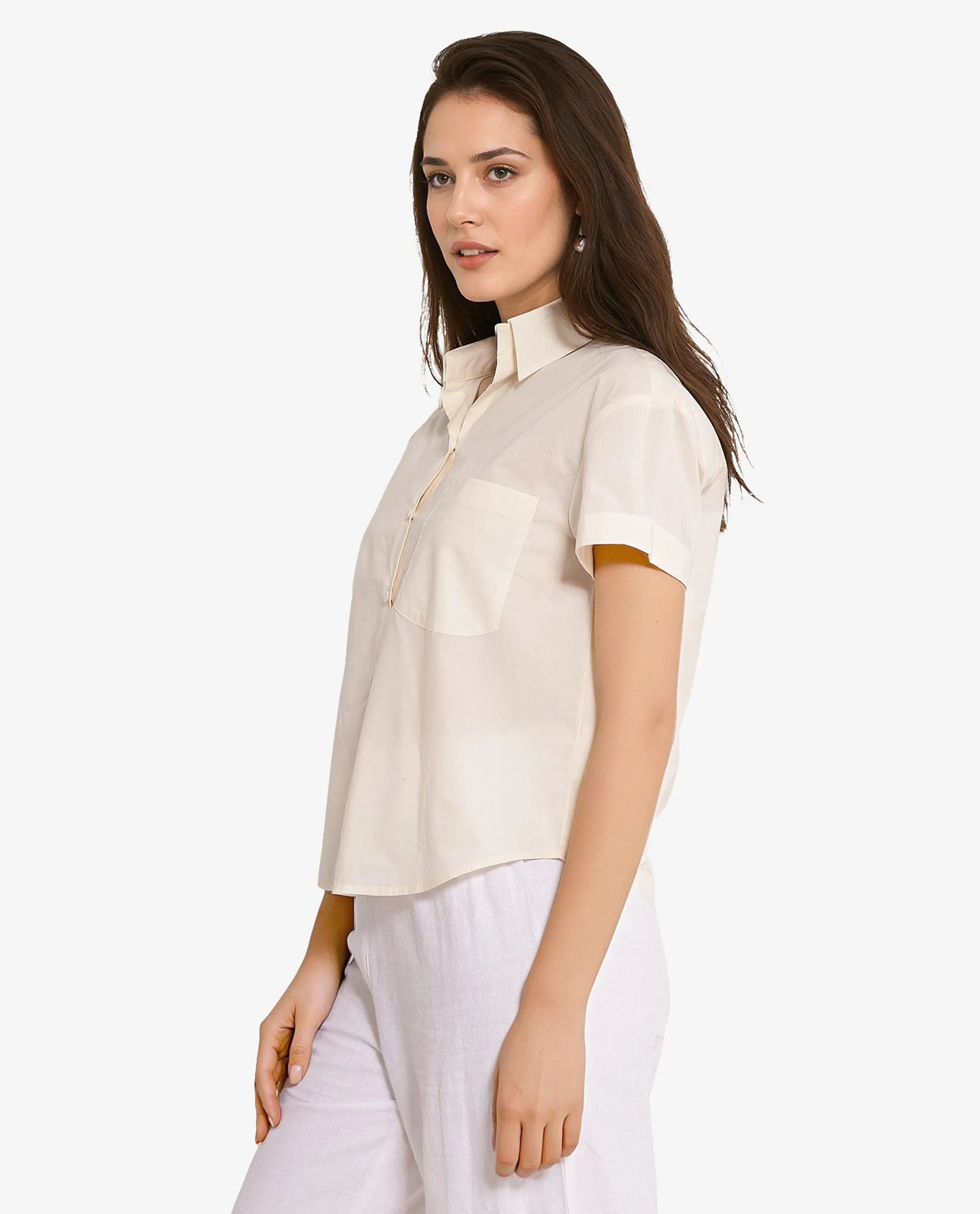 Rareism Women Mium Beige Short Sleeve Collared Collar Button Plain Shirt