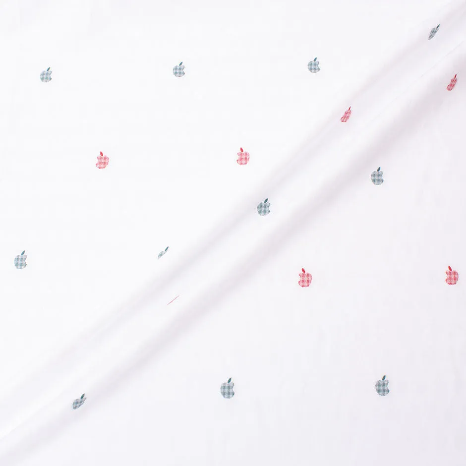 Red/Blue Apple Embroidered White Superfine Cotton