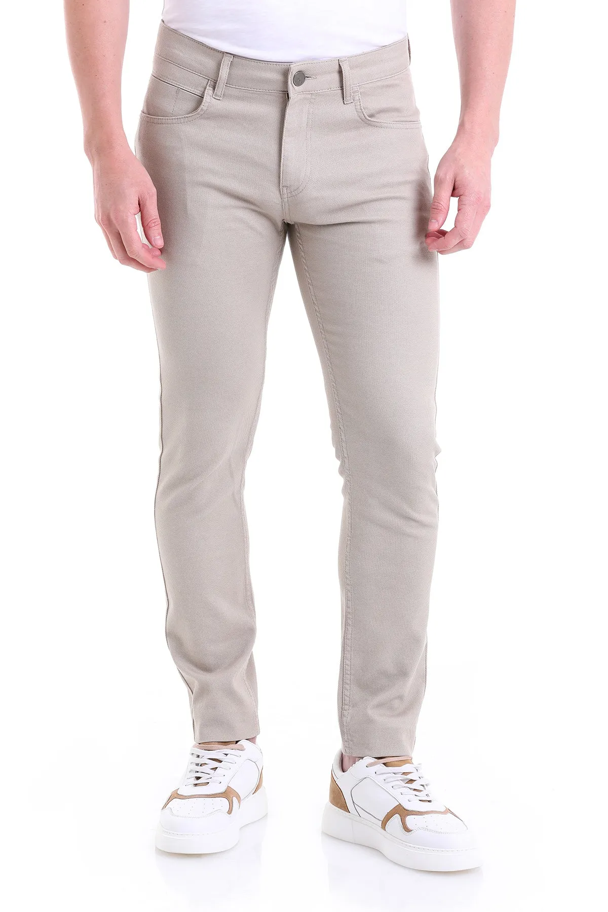 Slim Fit Low Waist Beige Cotton Casual Pants