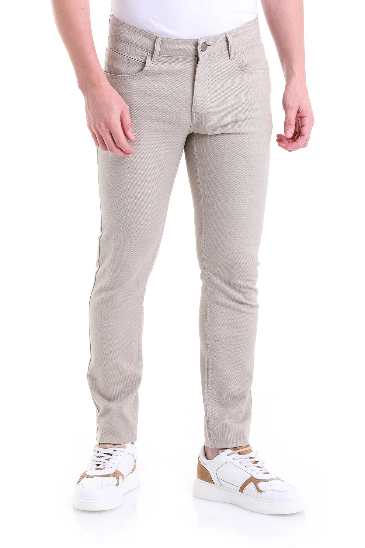 Slim Fit Low Waist Beige Cotton Casual Pants