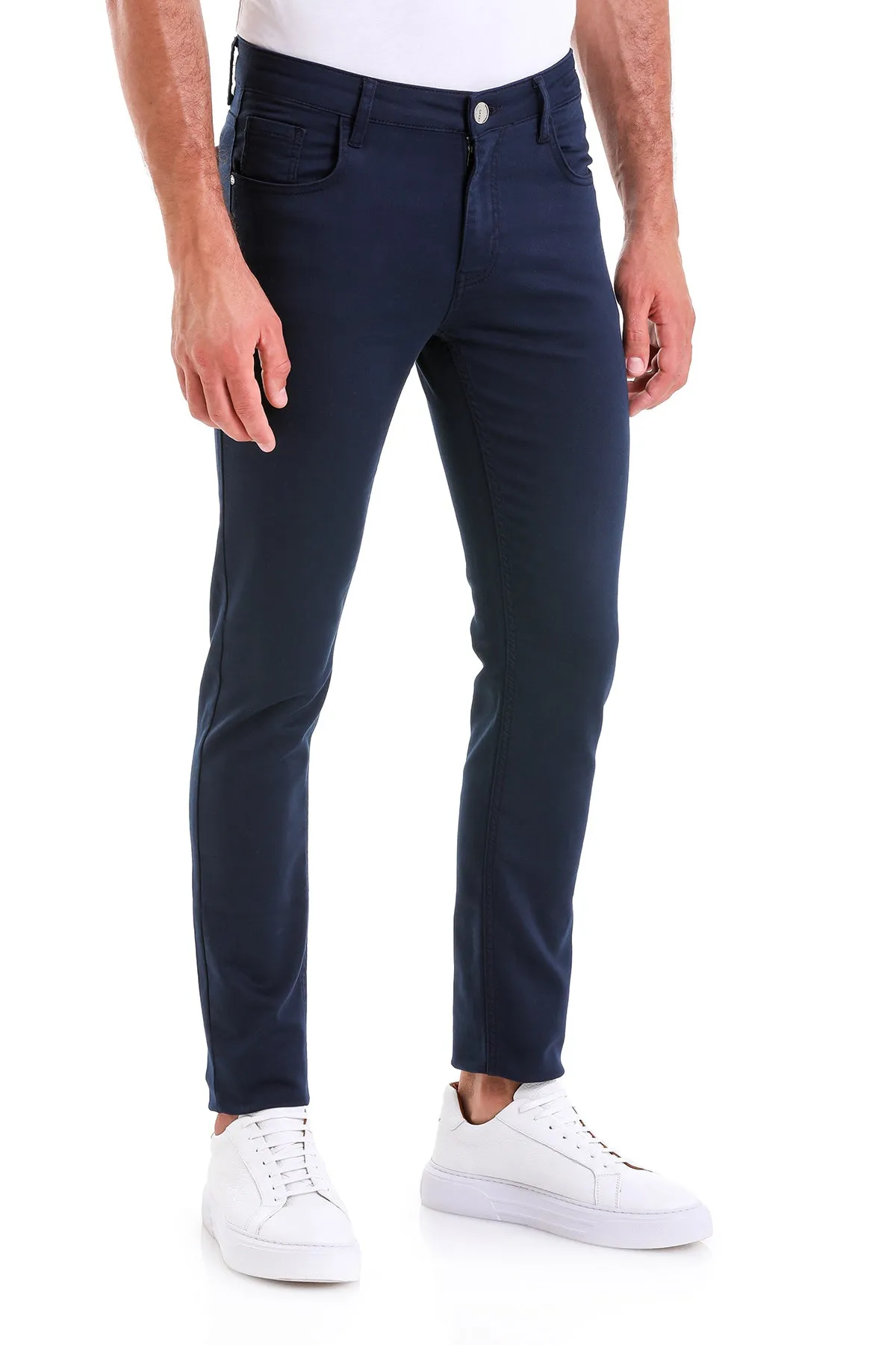 Slim Fit Low Waist Navy Cotton Casual Pants