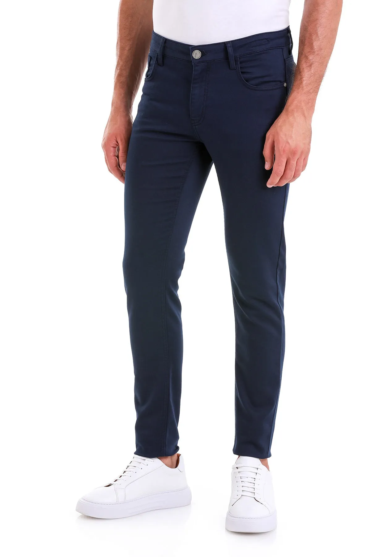 Slim Fit Low Waist Navy Cotton Casual Pants