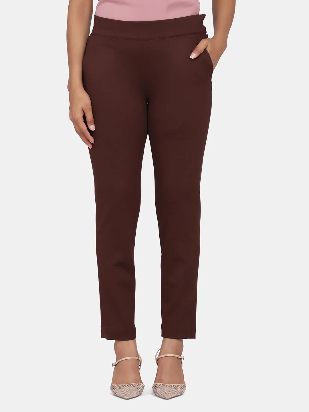 Slim-Fit Stretch Trousers For Women- Chocolate Brown