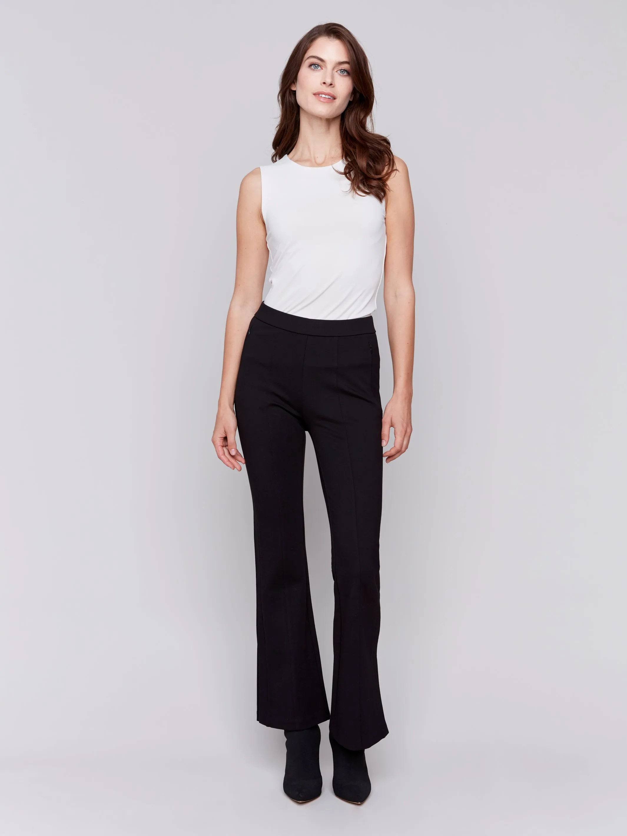 Solid Flare Ponte Pant w/ Side Slit Black by Charlie B