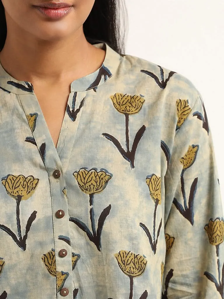 Utsa Indigo Floral Cotton Kurta