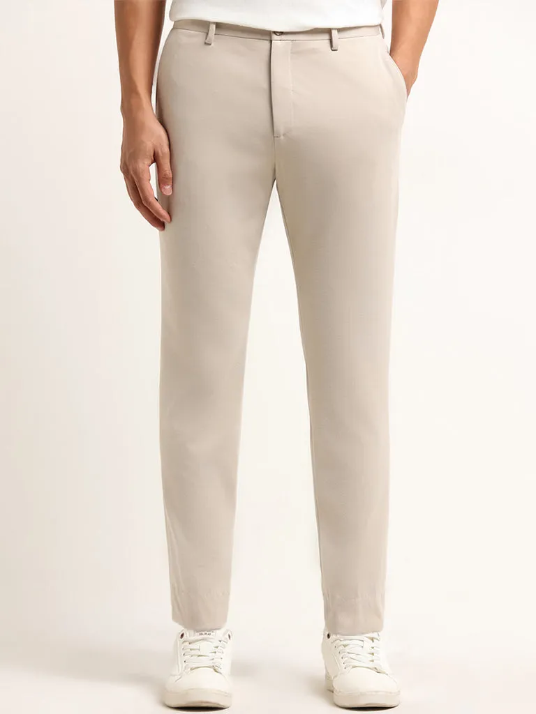 WES Formals Beige Mid Rise Slim Tapered Fit Trousers