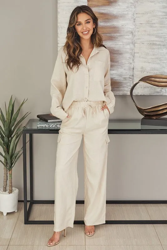 Wide Leg Linen Pans with Cargo Pockets Pants Comfortable Womenswear Elastic